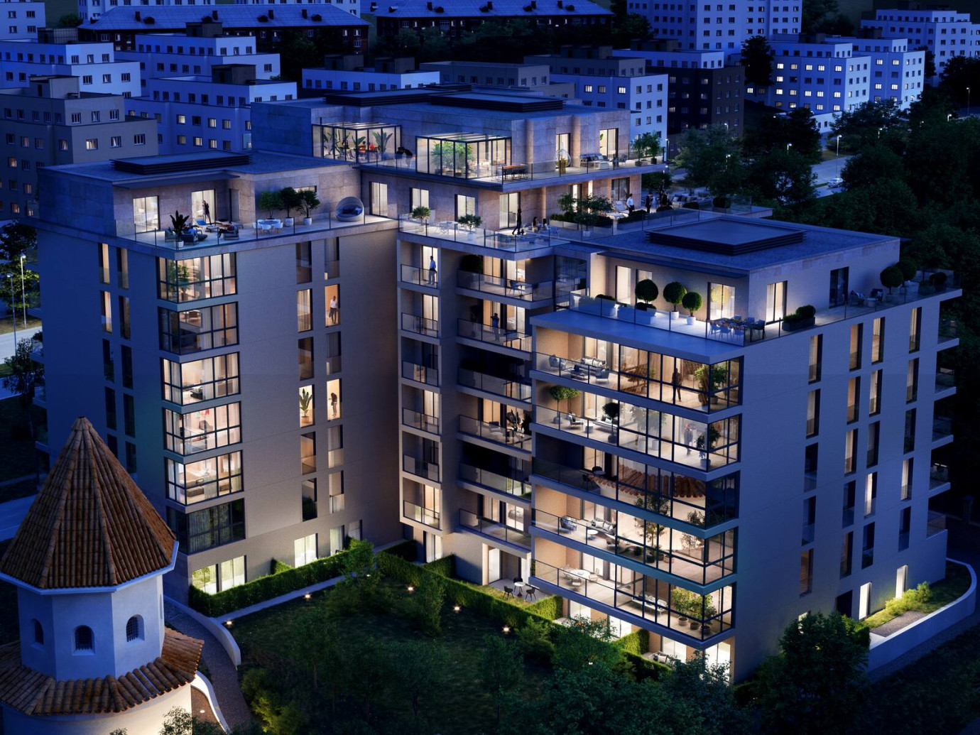 Luxusní Penthousy Radimova Praha 6 - exteriér noční