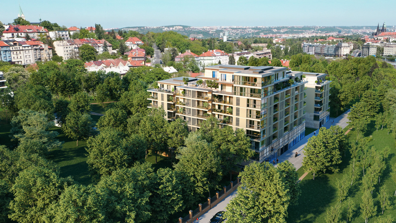 Luxusní Penthousy Radimova Praha 6 - exteriér s výhledem na Pražský hrad